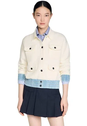 Sandro Women's Oversized Bouclé Cardigan with Denim details