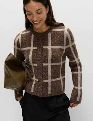 Marks & Spencer Wool Checked Crew Neck Cardigan