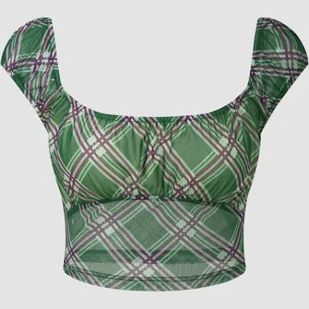 Mesh Plaid Square Neck Short Sleeve Blouse Womens 100% Polyester