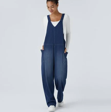 Halara Halara Flex V Neck Pocket Washed Denim Overalls