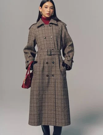 Belted Double-Breasted Plaid Trench Coat
