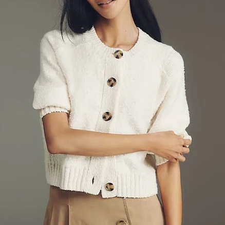 Textured Crop Cardigan Sweater by Pilcro in Ivory, Size: XL at Anthropologie