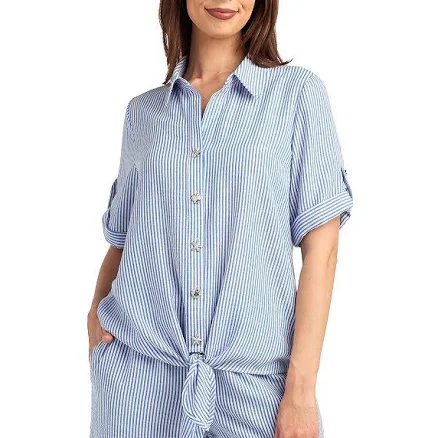 AB Studio Women's Armhole Collared Front Tie Hem Shirt