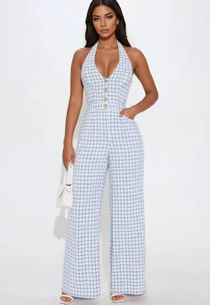 Women's Brunch Gal Tweed Jumpsuit in Light Blue Size Large | Fashion Nova