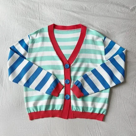 Relaxed Fit Striped Knit Color Block Cardigan