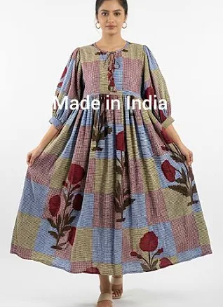 Women's Boho Floral Gingham Block Print Midi Dress