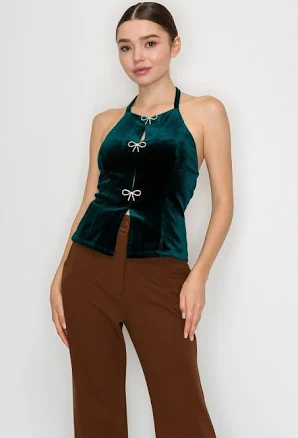 Bow Detailed Velvet Halter Top