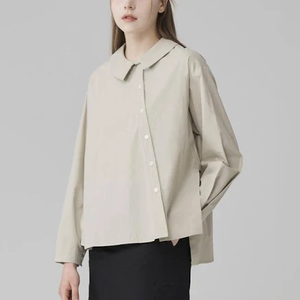 W Concept KIM Cotton Diagonal Button Blouse with Side Slit