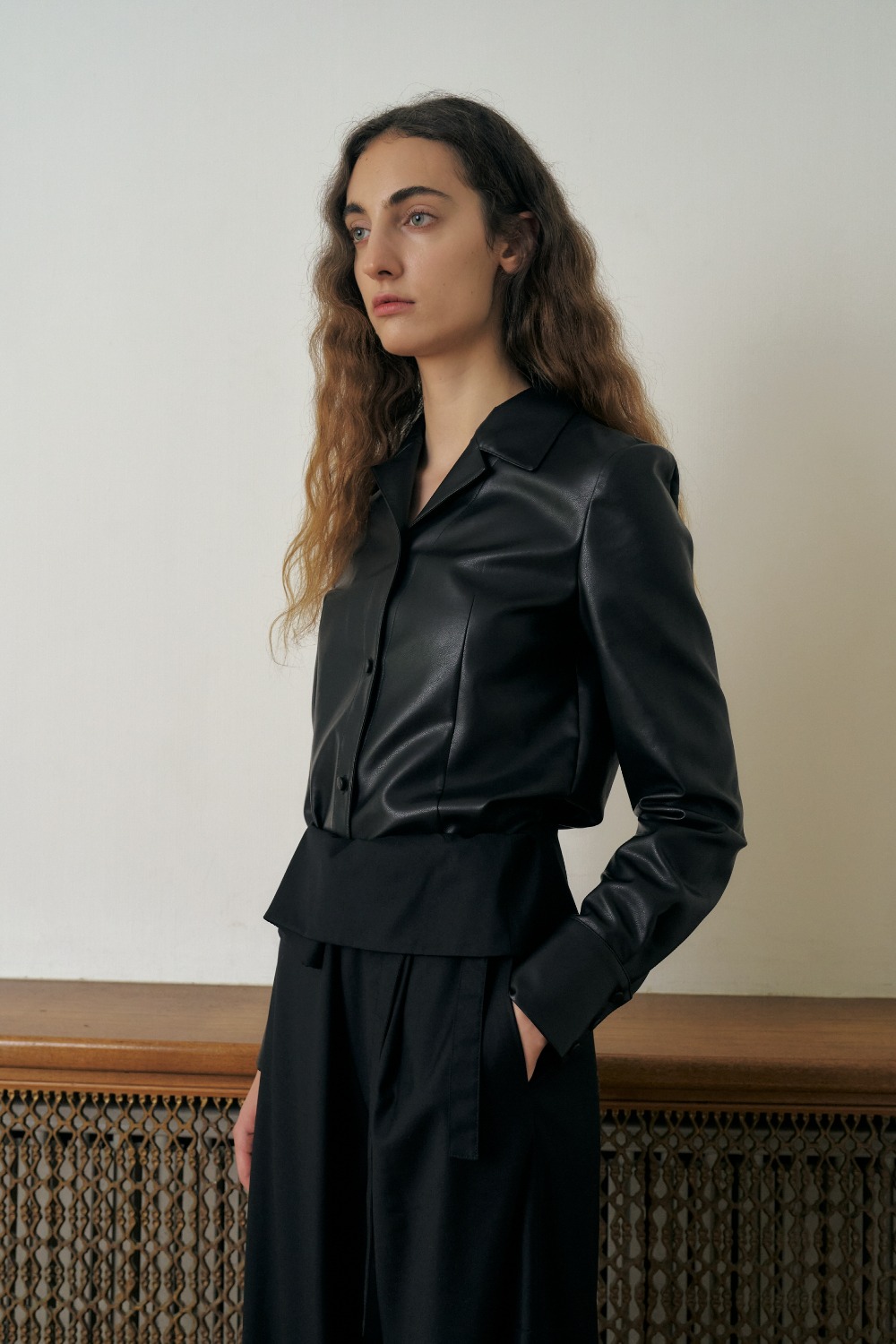 FAUX LEATHER BLOUSE, BLACK
