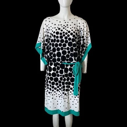 Studio One Short Sleeve Slinky Belted Dress White Black & Teal Size