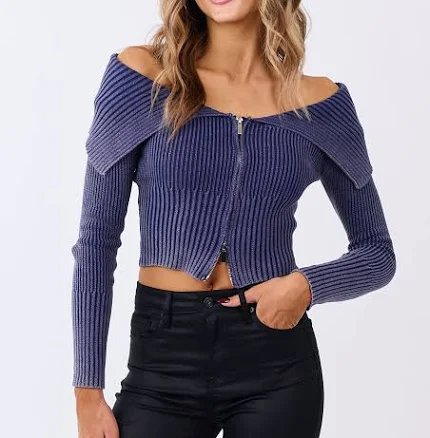 Off Shoulder Zip Up Cotton Sweater Jacket