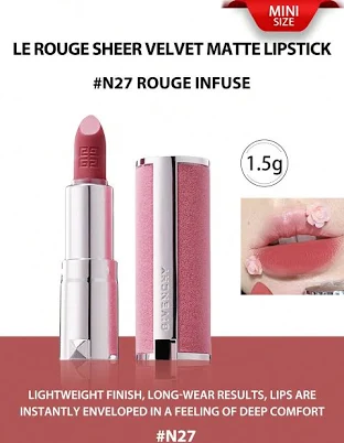 Givenchy GIVENCHY Mini Le Rouge Sheer Velvet Matte Lipstick Long Lasting #N27 Rouge Infuse 1.5g Blurring Refillable Pink Velvet Case Lightwe