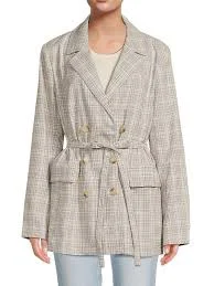 Olivia Plaid Double Breasted Belted Blazer - Beige Multi