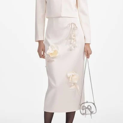 self portrait Cream 3D Flower satin midi skirt