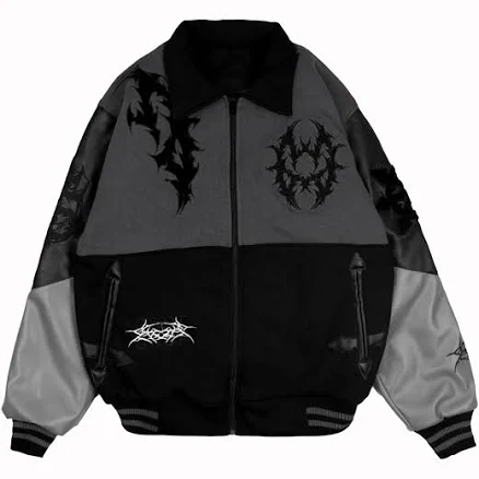 Gothic Varsity Jacket with Embroidered Tribal Motifs