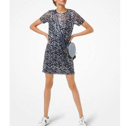 Michael Kors Floral Sequin Dress Short Sleeve Mini Cocktail Women Xs
