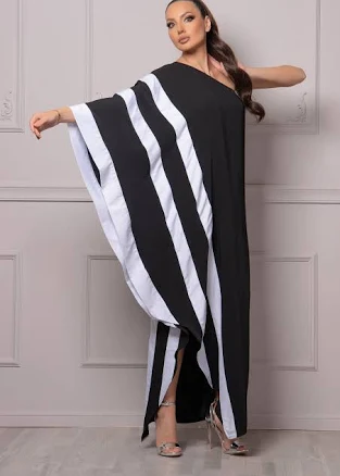 One Shoulder Striped Kaftan Dress with Butterfly Sleeves