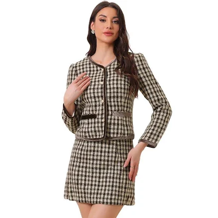 2 Piece Cropped Plaid Tweed Suit Set