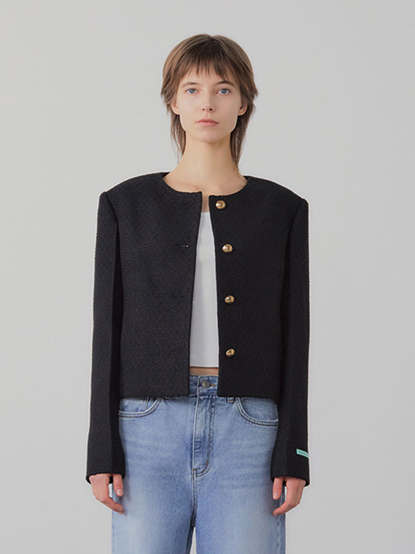 Collarless Cropped Tweed Jacket
