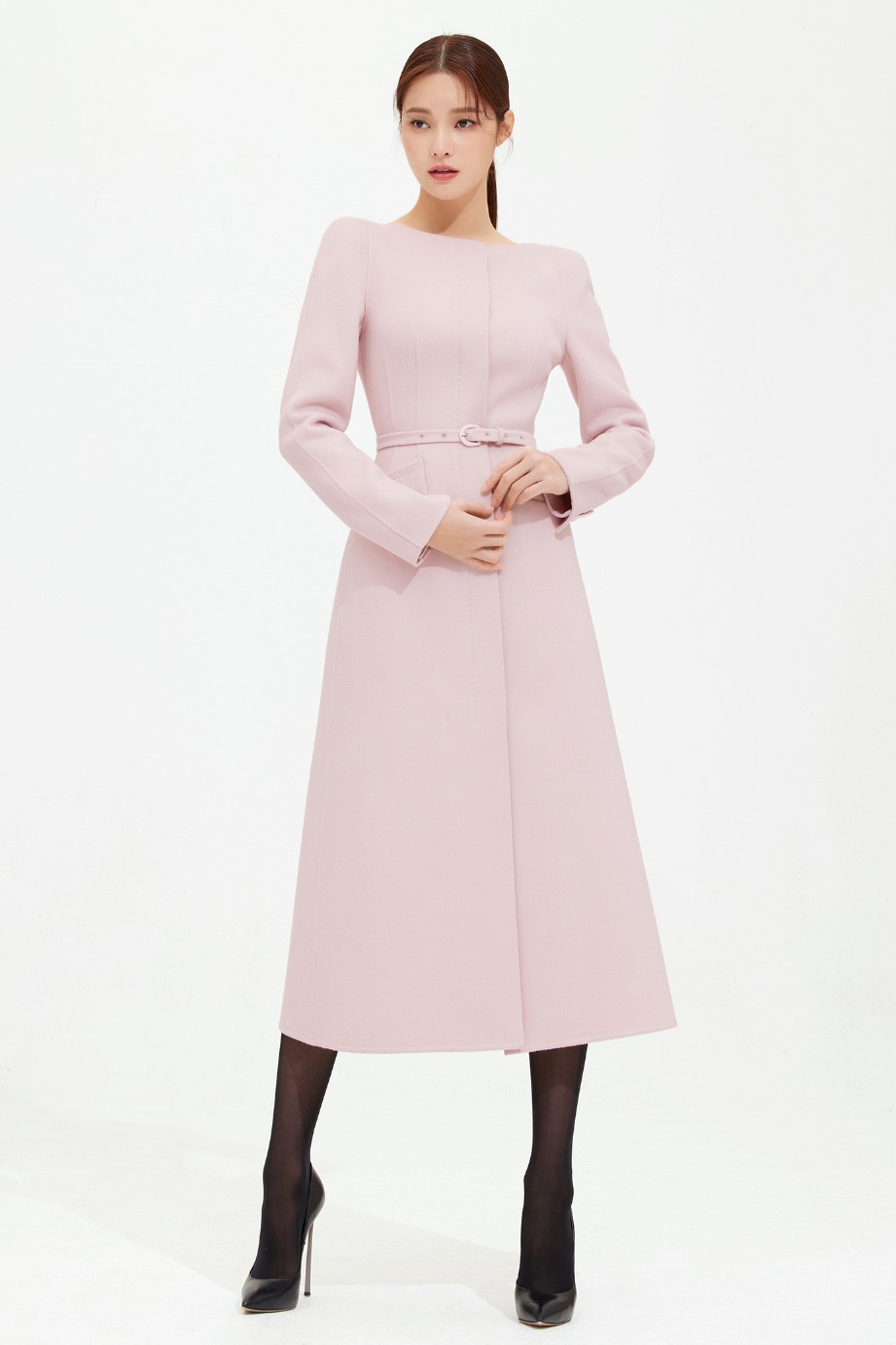 Cashmere Wool Boat Neckline Slim Line Coat (Light Pink)