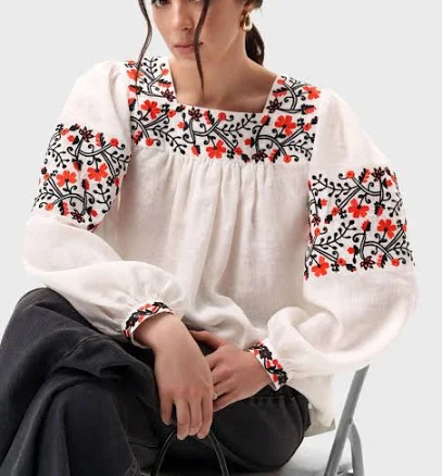 Vyshyvanka Square Neck Linen Blouse with Chornobyl Embroidery