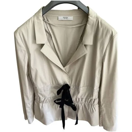 Prada Beige Cotton Jacket with Black Ribbon Waist Tie Size 44 IT