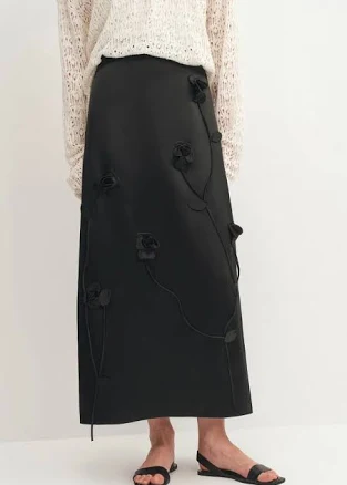 3D Flora Studded Silk-Wool Satin Maxi Skirt