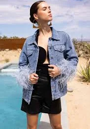 The Henry Oversized Denim Feather Trim Jacket in Blue