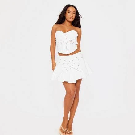 EGO Women's Mid Rise Eyelet Belted Pleated Mini Skirt
