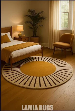 Hand Tufted Wool Rug Modern Sunburst5x5 Round Rug Mustard Yellow and Cream Circular Carpet Mid Century Accent Rug for Bedroom or Living Room