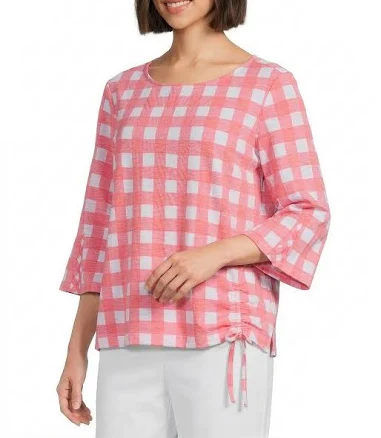Multiples Slub Knit Boat Neck 34 Flounce Sleeve Side Draw String Godet Top, Womens, XL, Coral Pink
