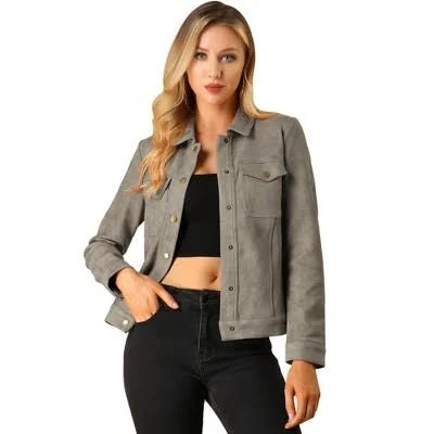 Women's Allegra K Turn-Down Collar Flap Pockets Snap Button Faux Suede Jacket