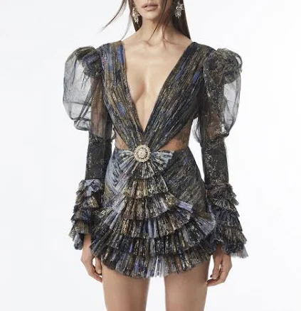 V-Neck Dress with Balloon Sleeves and Ruffles
