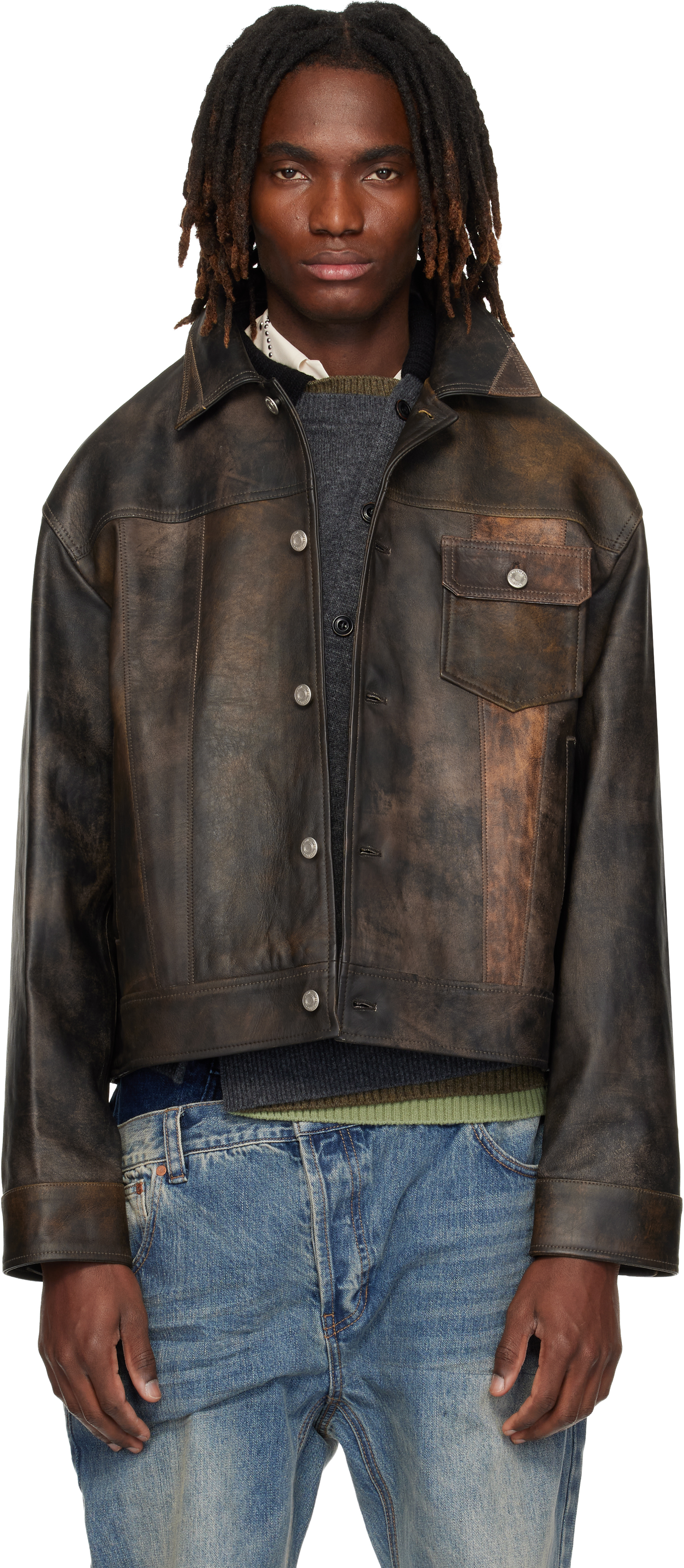 Brown Leather Patchwork Trucker Jacket