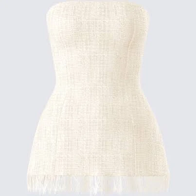 Fringe Hem Tweed Strapless Top