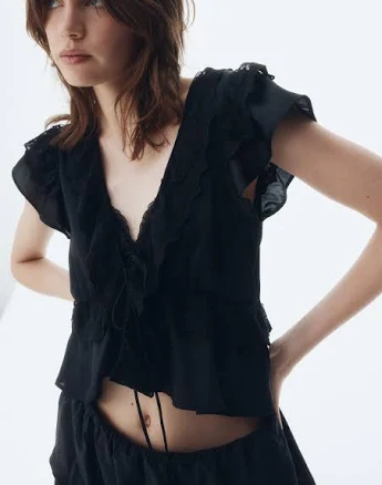 Ladies H&M Flounce-Trimmed Satin Blouse