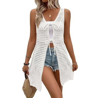 Women's Sleeveless Open Front Tie Waist Lightweight Knit Duster Cardigan