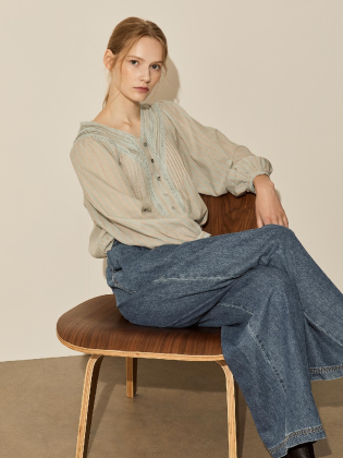 Blue Lace Long Sleeve Blouse
