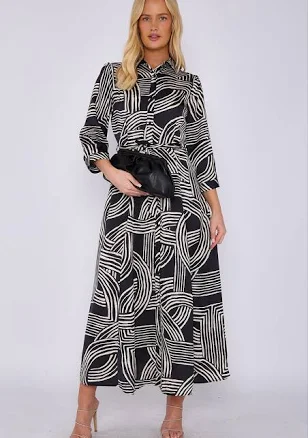Geometric Print Satin Maxi Shirt Dress