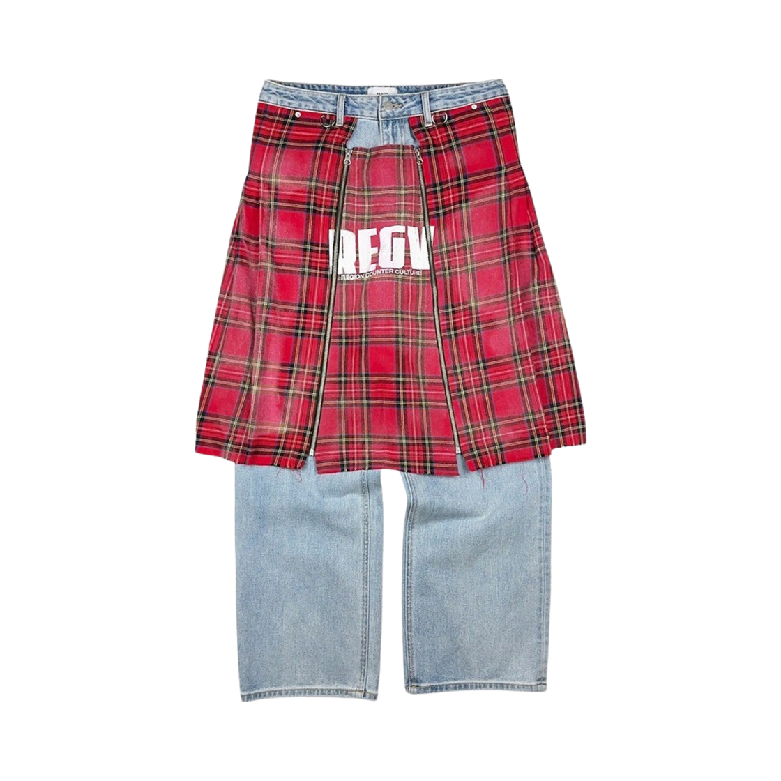 Resurrection13 Check Skirt Docking Denim Pants Light Blue