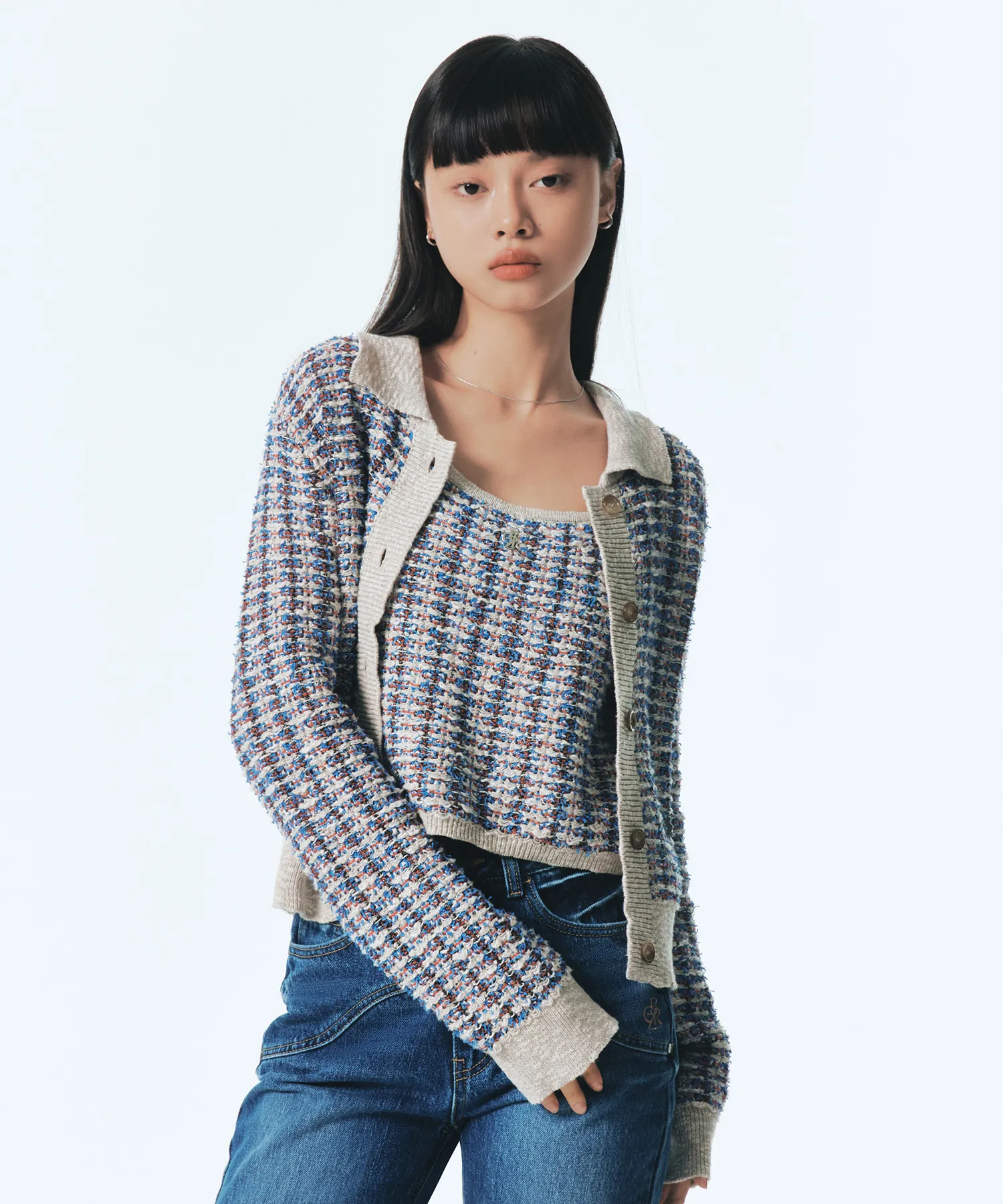 Tweed Collar Cardigan_SKY BLUE