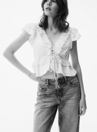 Ladies H&M Flounce-Trimmed Satin Blouse