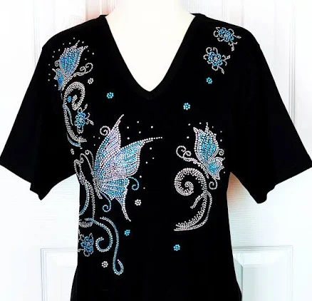 V-Neck Knit Top with Iridescent Blue Butterflies