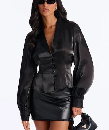 Fashion Nova Puff Sleeve Satin Button Up Shirt