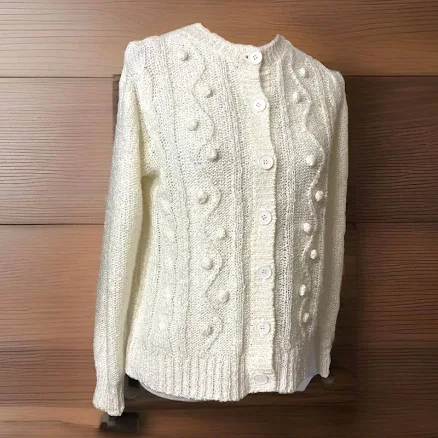 Vintage Pom Pom Ivory Cardigan Sweater Cable-knit Womens Sz L Buttons