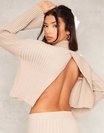 PrettyLittleThing Women's Two Tone Thick Rib Knit Open Back High Neck Jumper in Taupe | Size: XS
