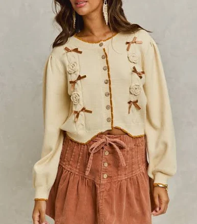 So Me Ribbon and Rose Applique Camel Cardigan
