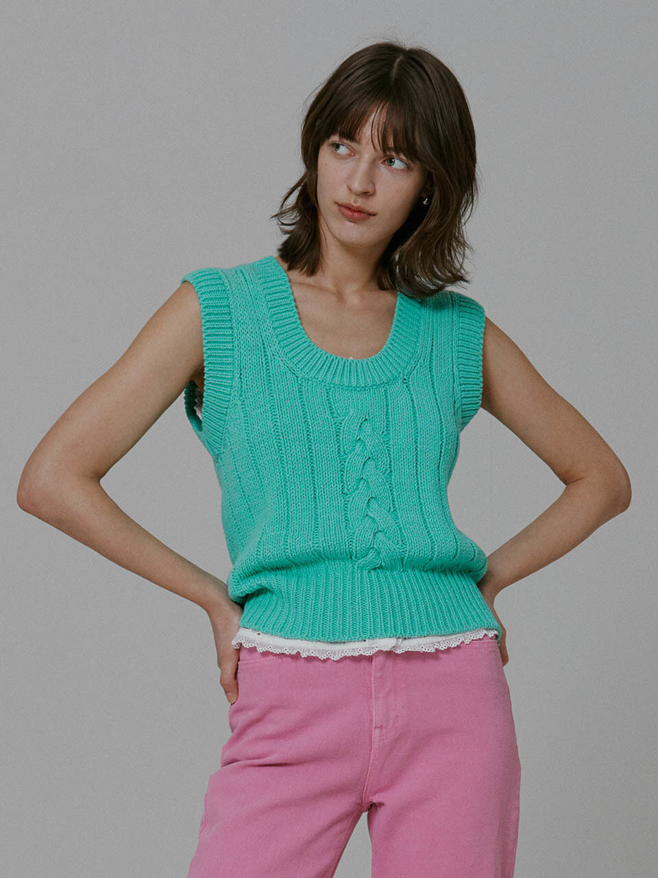 Julie Cable Knit Vest_Mint