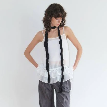 ETMON - Slip Frill Blouse, White