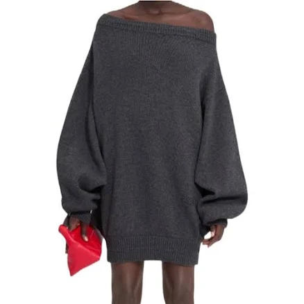 Maison Margiela Mélange Merino Wool Off-the-shoulder Knit Dress - Dark Gray